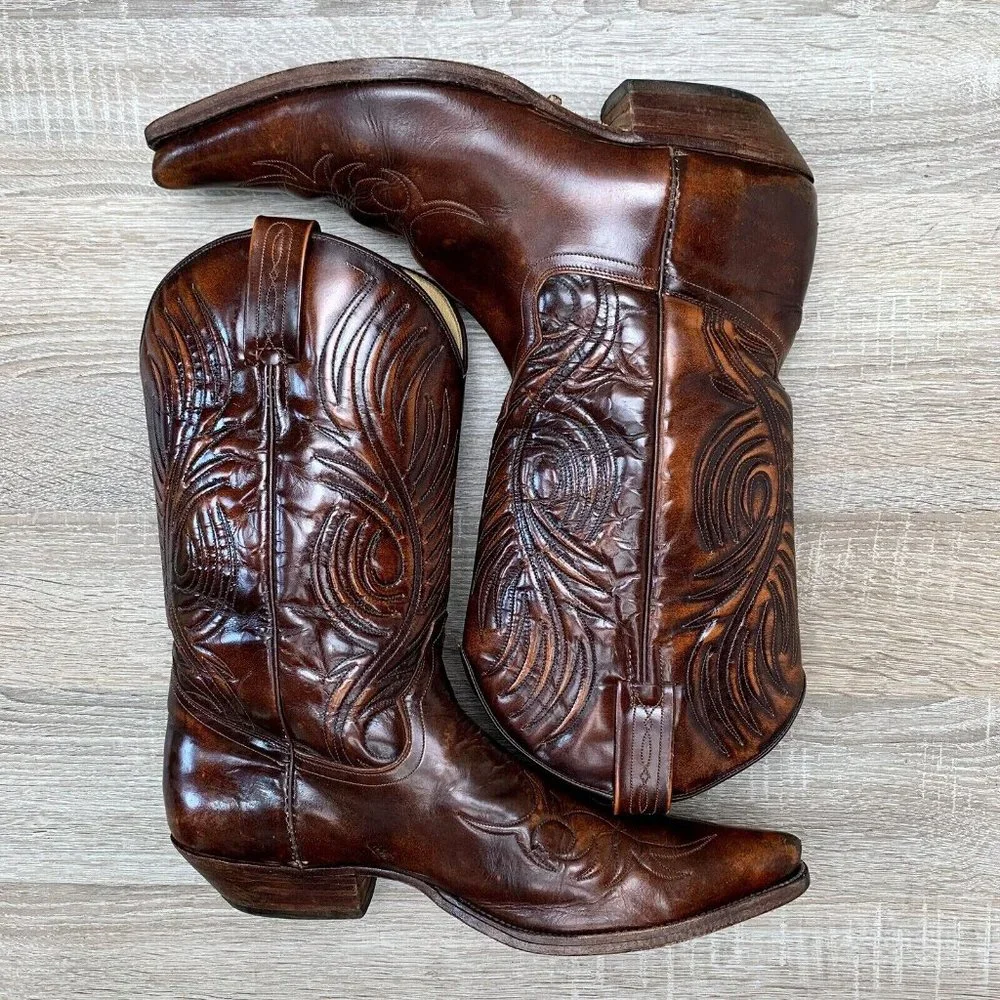 Vtg 1970s-80s TONY MORA Men Western Boots Tufted Brown Leather MADE SPAIN 12 D - Picture 3 of 12